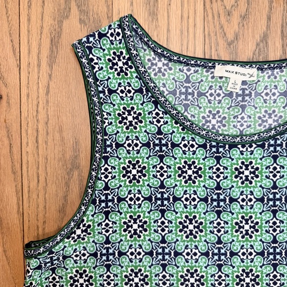 Max Studio Women’s Sleeveless Green and Blue Geometric Patterned Trapeze Dress L - Picture 6 of 13